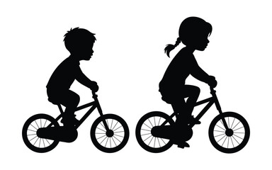 Fototapeta premium Vector art of silhouette of a boy and girl riding bicycles isolated on white background