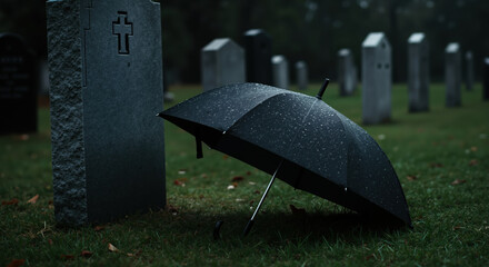 Black umbrella with raindrops beside stone cross gravestone in cemetery during rainfall. Funeral memorial and grief mourning for bereavement support and religious services