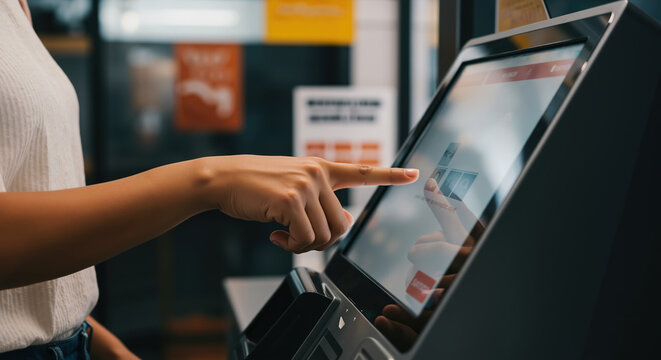 Woman hand touching interactive touchscreen kiosk display in modern retail environment. Digital technology and self service interface for shopping and customer assistance