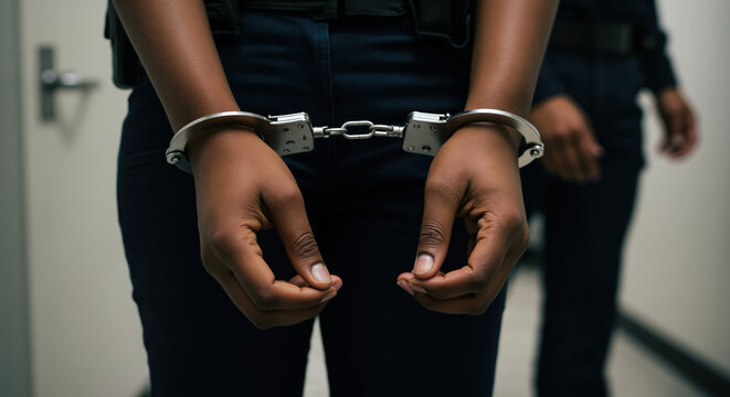 Handcuffed hands behind back during police arrest. Law enforcement for criminal justice and legal detention procedures