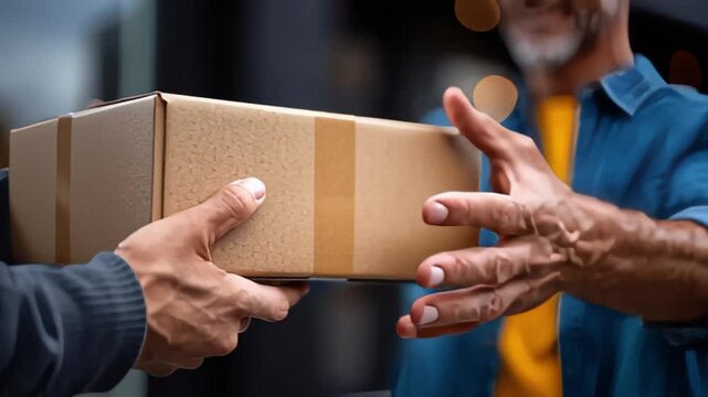 A delivery person hands a package to a recipient in an urban setting, both smiling and engaged in the exchange.