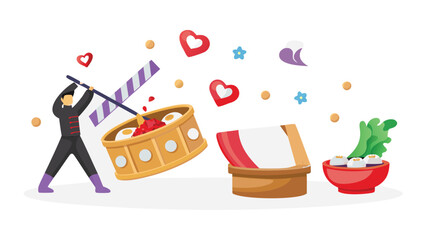 Man holding clapperboard with dim sum basket and food bowl with hearts and stars around it