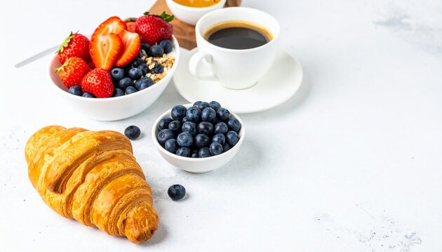 Delicious breakfast spread with a fresh croissant, coffee, and a bowl of granola with strawberries and blueberries.