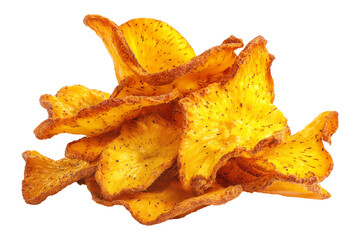 Fototapeta premium Dried apple slices or breadfruit chips with wrinkled texture, isolated on white transparent background, concept of healthy Micronesia snack food