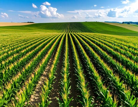Vibrant cornfield landscape, cultivated rows stretch across fertile green hills under clear blue skies