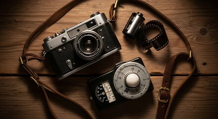 Vintage Photography Gear: Classic Camera, Light Meter, and Film Rolls on Wood