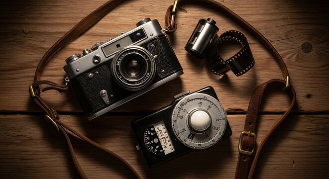 Vintage Photography Gear: Classic Camera, Light Meter, and Film Rolls on Wood