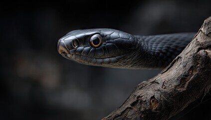 Obraz premium Close-up of a black snake on a dark branch