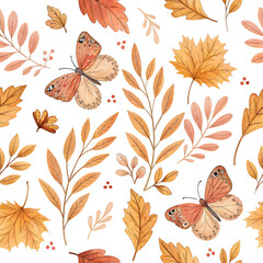 Seamless Watercolor Autumn Pattern with Leaves and Butterflies