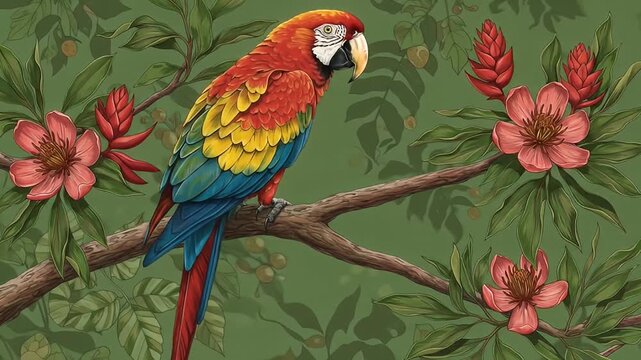 Illustration of a colorful parrot perched on a branch, surrounded by leaves and flowers