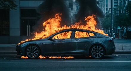 Luxury sedan electric car on fire, parked on the street, brand new modern automobile concept, Generative AI