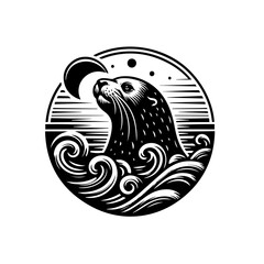 Illustration of an otter in water under the moon, isolated on white background