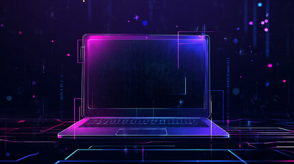 Holographic laptop on a digital grid with pink and blue neon illumination