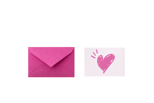 Seen from above: a closed pink glitter envelope next to a message card with a hand-drawn pink heart