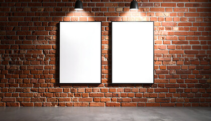 Two blank posters stand out against a rustic, industrial brick wall, illuminated by soft spotlights from above. This realistic setting creates a gallery or exhibition feel, perfect for graphic designe