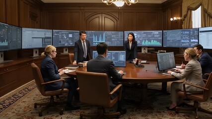 Boardroom meeting with diverse team analyzing financial data on numerous display screens - Powered by Adobe