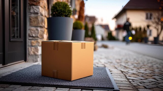 A cardboard box is placed on a mat in front of a doorway, with stone walls and potted plants in the background.