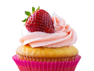 Png delicious cupcake with pink frosting and a fresh strawberry on top, a sweet treat isolated on transparent background transparent background
