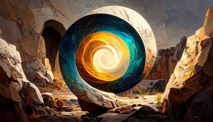 A radiant orb of swirling energy in a dark cave, casting teal and amber glows on jagged rocks, ultra-detailed and lifelike. 