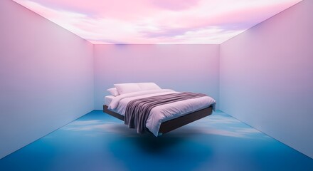A surreal bedroom with a levitating bed floating between a cloudy pink ceiling and a blue sky floor.