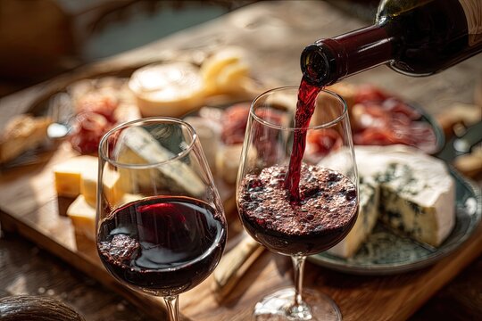 Red wine being poured into glasses over a cheese and charcuterie board