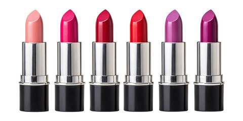 Obraz premium Vibrant Lipstick Collection in Sleek Black Tubes on Transparent Background Elegant Display of Pink, Red, and Purple Lipsticks for Beauty Advertising