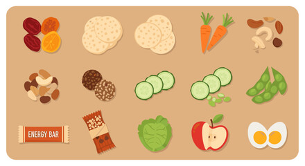 Assortment of healthy snacks including fruits vegetables nuts and energy bars on a brown background