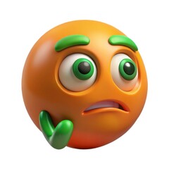 Fototapeta premium Worried orange emoji with green eyebrows and hands isolated on white background