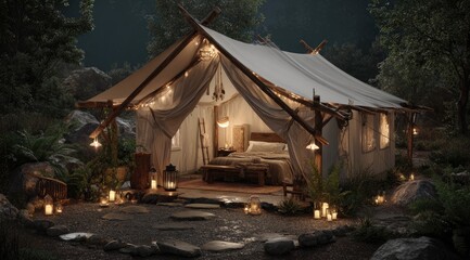 Rustic, cozy tent nestled in a tranquil woodland setting at night.  Soft lighting illuminates a comfortable interior
