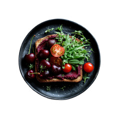 Gourmet Beetroot Toast with Cherries and Tomatoes on Dark Plate