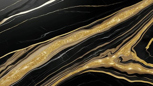 A black marble pattern with thick, wavy gold veins. These gold lines appear like rivers of golden lava flowing over the dark surface, with some areas being thicker and more shimmering.