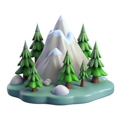 Stylized 3d mountain landscape with pine trees isolated on white background