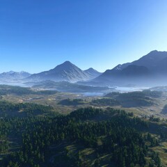 Fototapeta premium Panoramic vista of a valley nestled between mountains, with misty haze, dense forests, and a tranquil lake