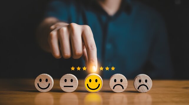 Customer satisfaction rating with happy face and stars, excellent feedback and service experience
