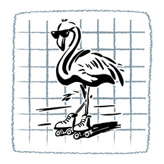 Fototapeta premium A hand-drawn doodle illustration of a flamingo wearing sunglasses and roller skating. Perfect for summer-themed designs, children’s illustrations, lifestyle branding, and creative cartoon-style visual