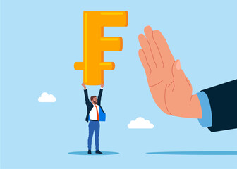 Businessman standing with symbol of the Swiss Franc. Anti corruption scene with illegal bribe money transfer. Flat vector illustration