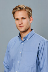 Obraz premium Half Body Portrait Of Northern European Male Customer Service Representative Against Plain Color Background
