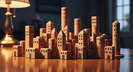 Miniature cityscape constructed from wooden blocks depicting buildings on a wooden table