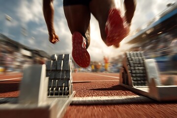 Experience the adrenaline rush of a track athlete exploding from the starting blocks into a race, capturing speed and power at the peak moment