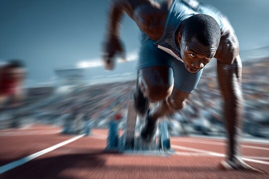 Powerful athlete sprinting from starting block in stadium race, showcasing speed, strength, and determination for sports marketing campaigns