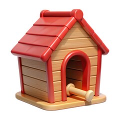Cute wooden dog house with red roof and bone isolated on white background