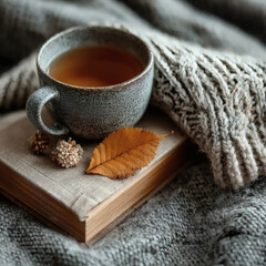 Fototapeta premium Cozy living room with cup of tea, dried flowers, book and plaid throw. Autumn. Magical sunbeams, nostalgic warmth, and tranquil colours reflect signs of seasons, diversity, and calm away from issues.