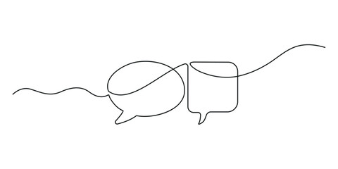 Simple continuous line drawing of two chat bubbles showing communication. Perfect for messaging app icons, social media, and creative illustrations.
