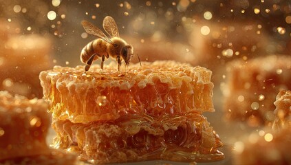 Honeycomb and bee.  A honeybee rests atop a cluster of honeycombs. Golden honey drips and sparkles surround the scene