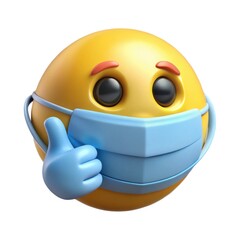 Yellow emoji wearing a blue medical mask gives a thumbs up isolated on white background