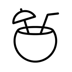 Coconut cocktail with umbrella and straw illustration: tropical drink icon on white background