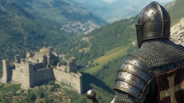 A medieval crusader knight in armor stands guard, overlooking a historic castle and valley.
