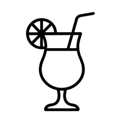 Cocktail drink illustration with lemon slice and straw, black and white vector, summer beverage