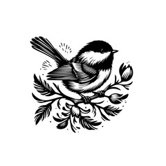 Charming chickadee bird perched on a branch linocut illustration.