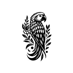 Obraz premium Elegant black and white parrot with floral ornaments.